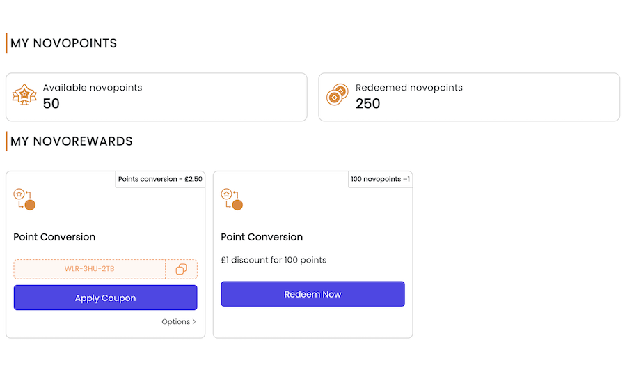 novo pro loyalty reward points